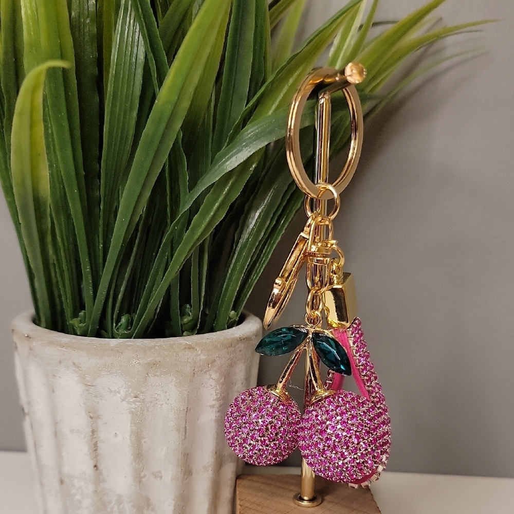 Pink Cherry Rhinestone Keychain Bag Charm - Picture 7 of 8